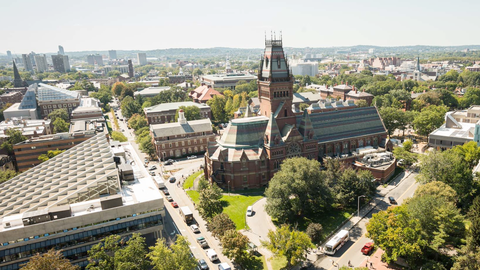 Aerial view of campus featuring Annenberg Hall